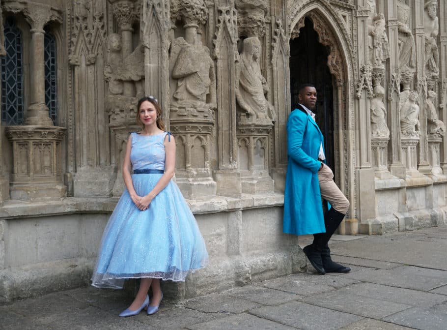 Photo of cast members from Beauty and the Beast in character outside Exeter Cathedral