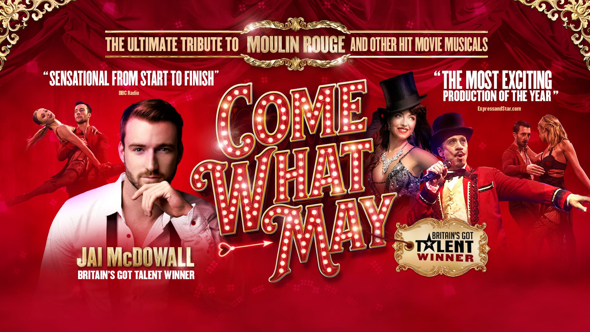 Promotional image - Come What May: red & sparkly image with the main cast members posing in Moulin Rouge costumes, dancing and singing