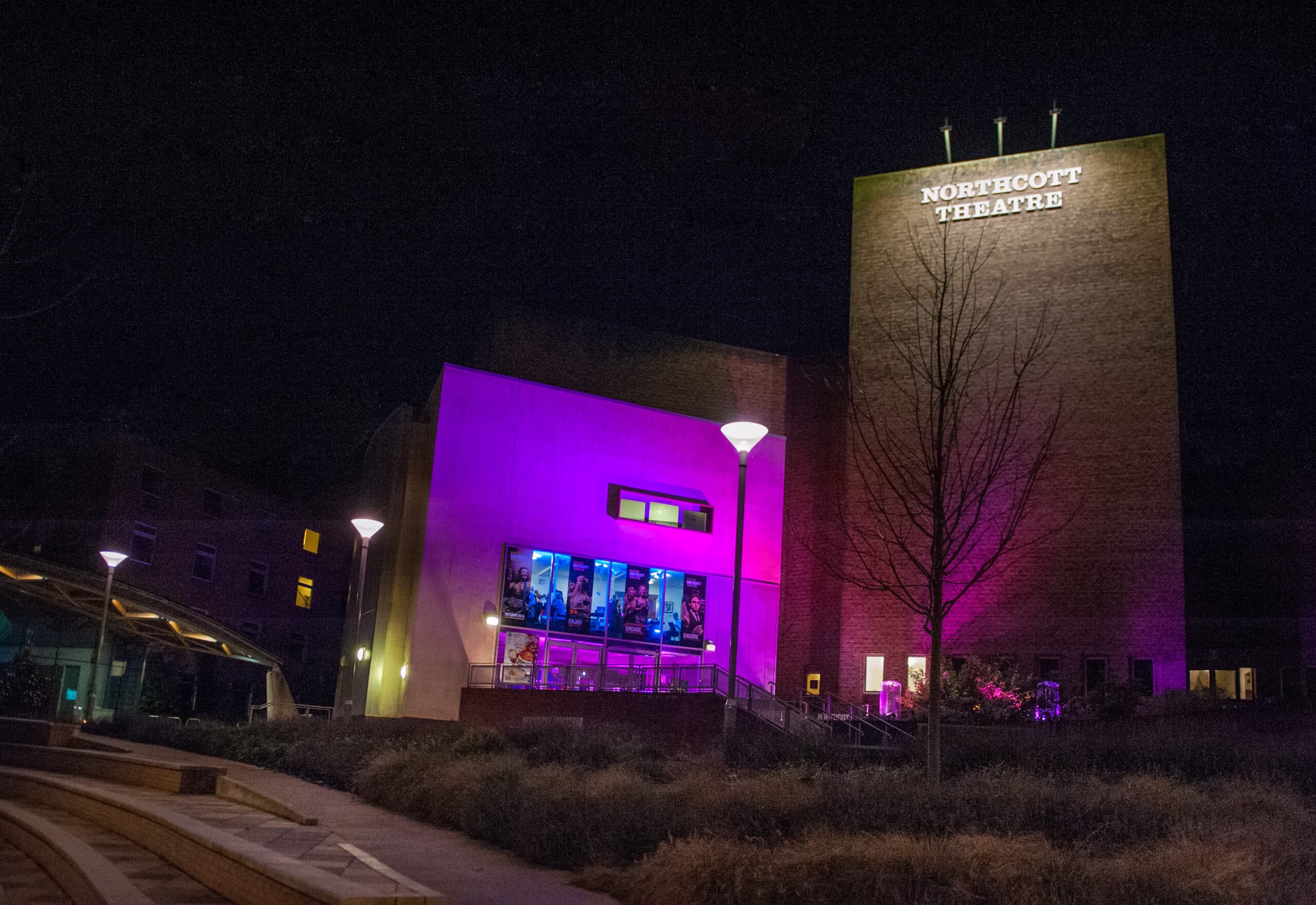 Photo of the Northcott theatre building at night