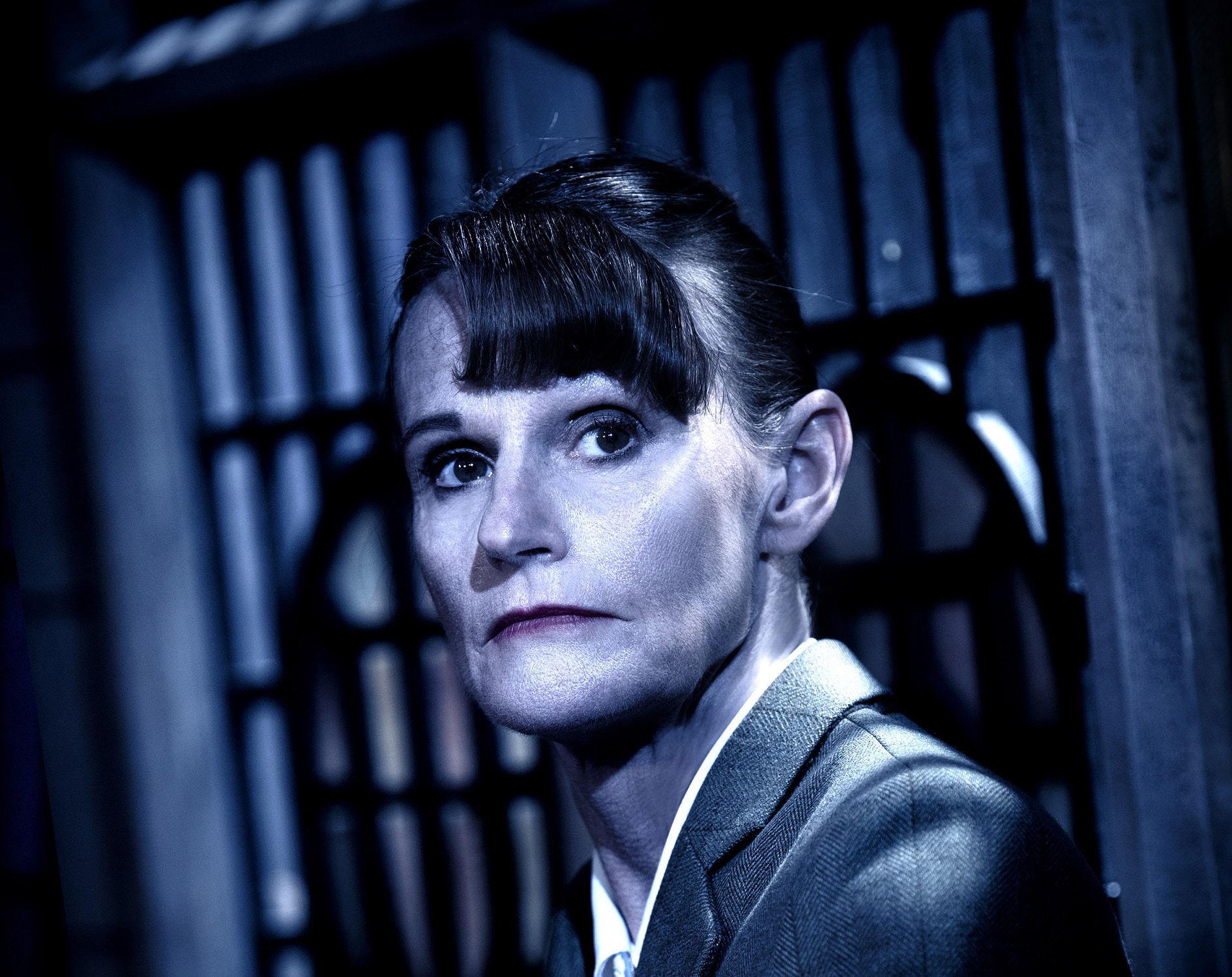 Photo of actor, Gwyneth Strong, in character as Mrs Boyle in The Mousetrap