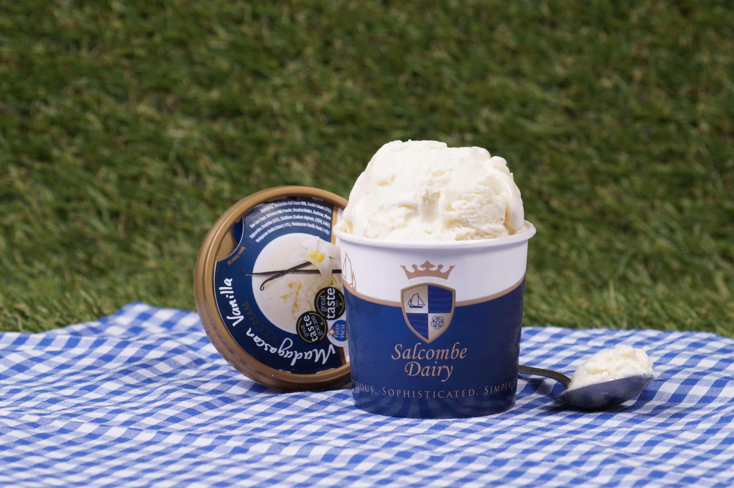 Photo of tub of Salcombe Dairy vanilla ice cream