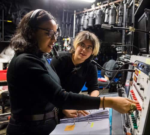 Two women at a switchboard - backstage
