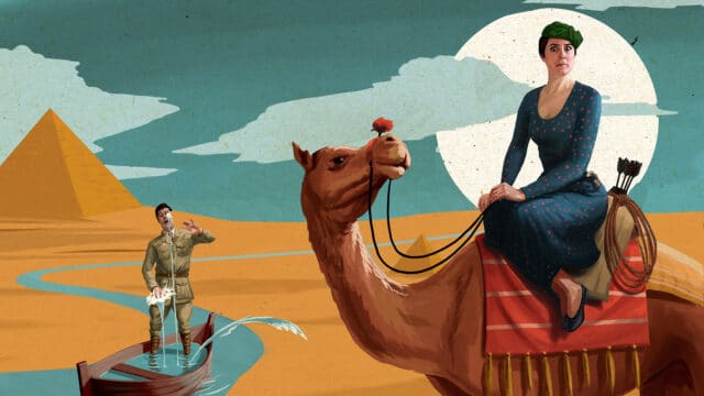 Crimes in Egypt promotional image: A woman on a camel making a funny face over a man on a boat which appears to be sinking in the desert.