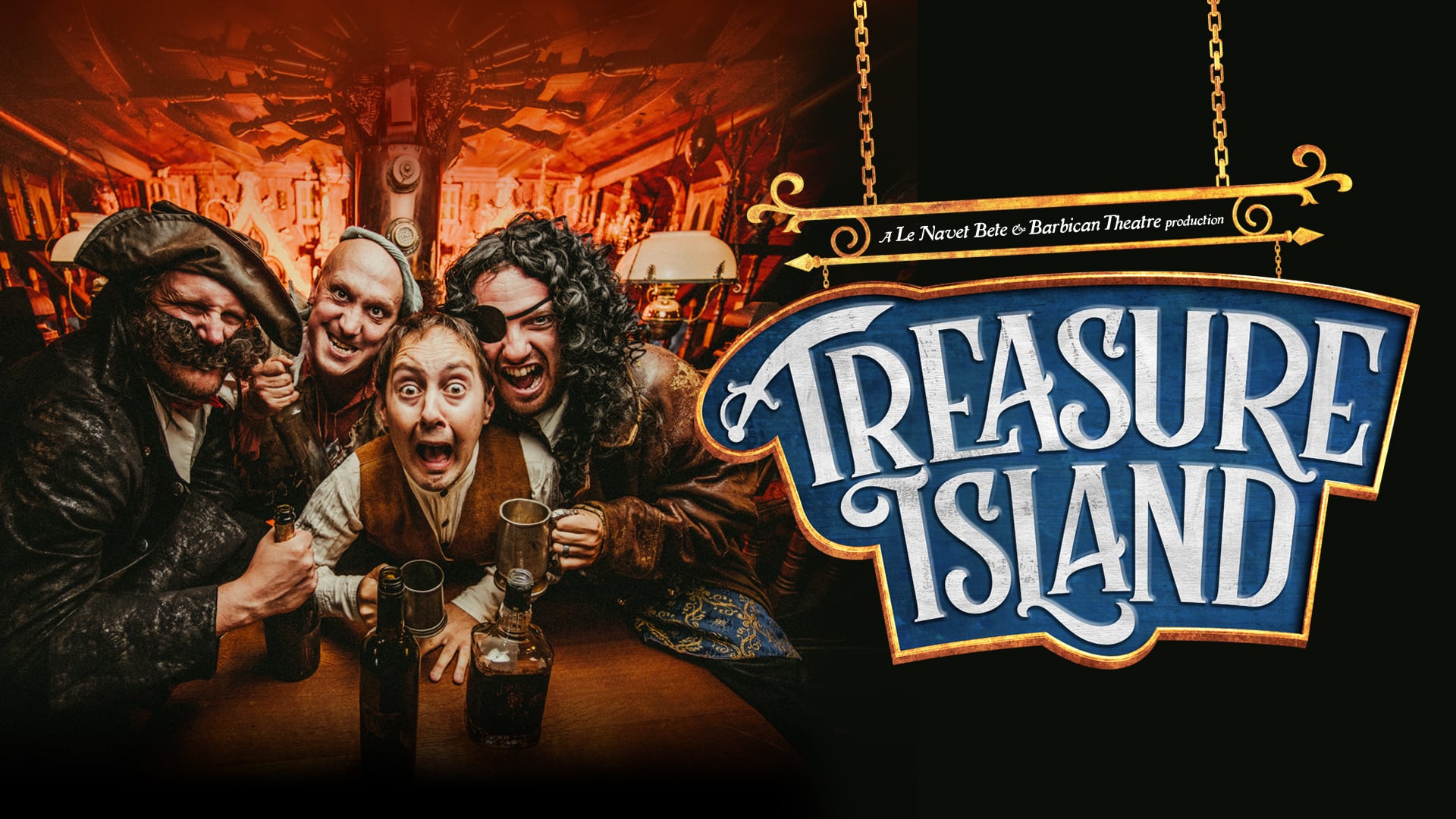 Treasure Island promotional artwork - 4 actors in period costume in a tavern, leaning in with very piratey expressions!