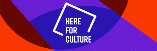 Here for Culture logo against colour-block purple and red background