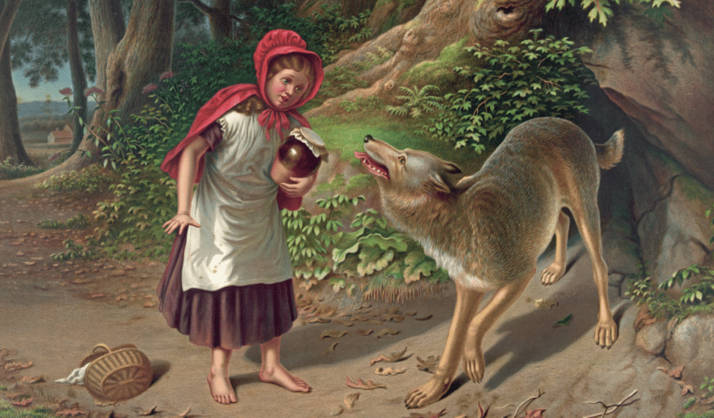 Little Red Riding Hood storybook illustration of Little Red Riding Hood and the Wolf