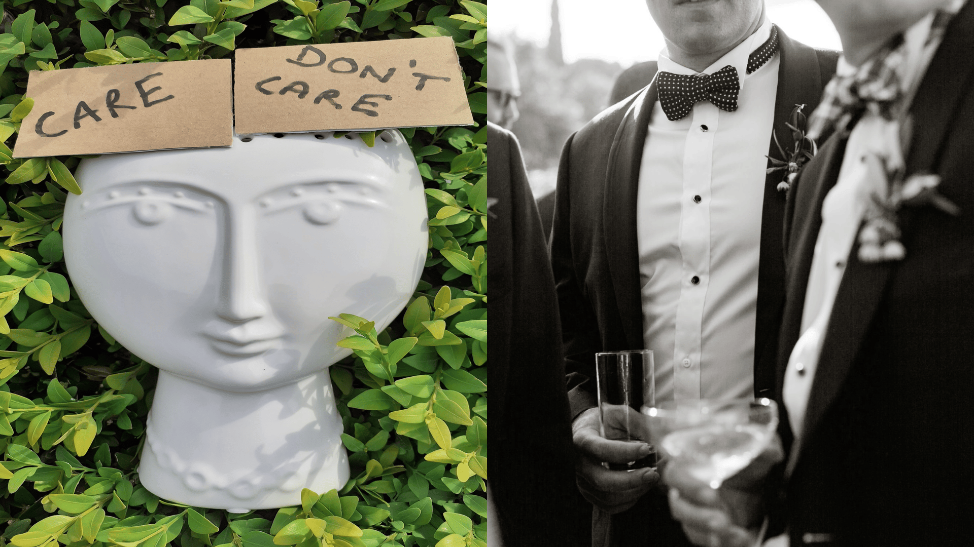 Two images: 1) A sculptural head with a sign stuck on it that says 'care don't care' (2) Men wearing black tie suits and holding various cocktail and champagne glasses at a party