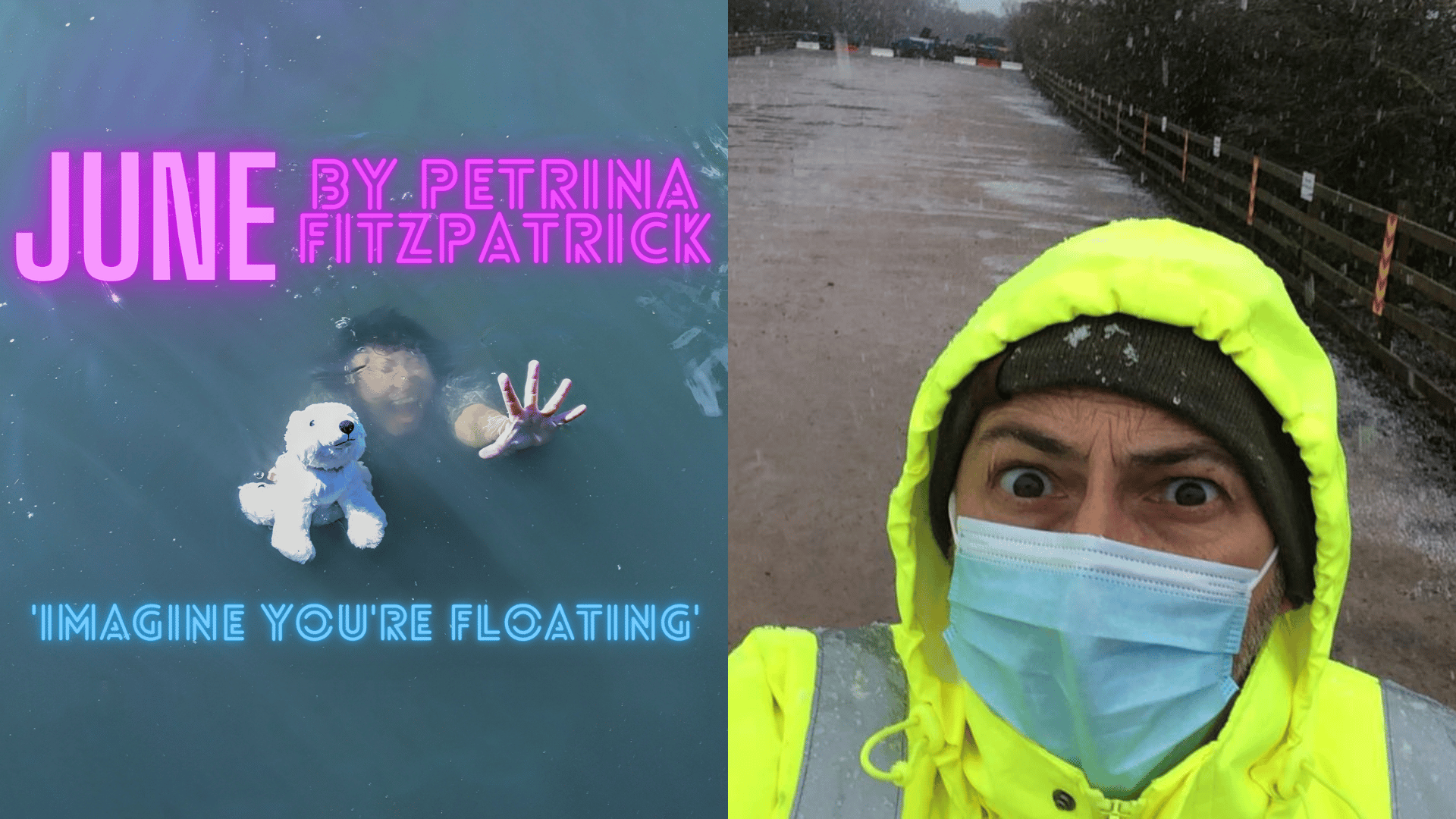 An image split in half: one hald shows a woman drowning while holding a cuddly toy, the other half shows a man in high-vis jacket and wearing a face mask