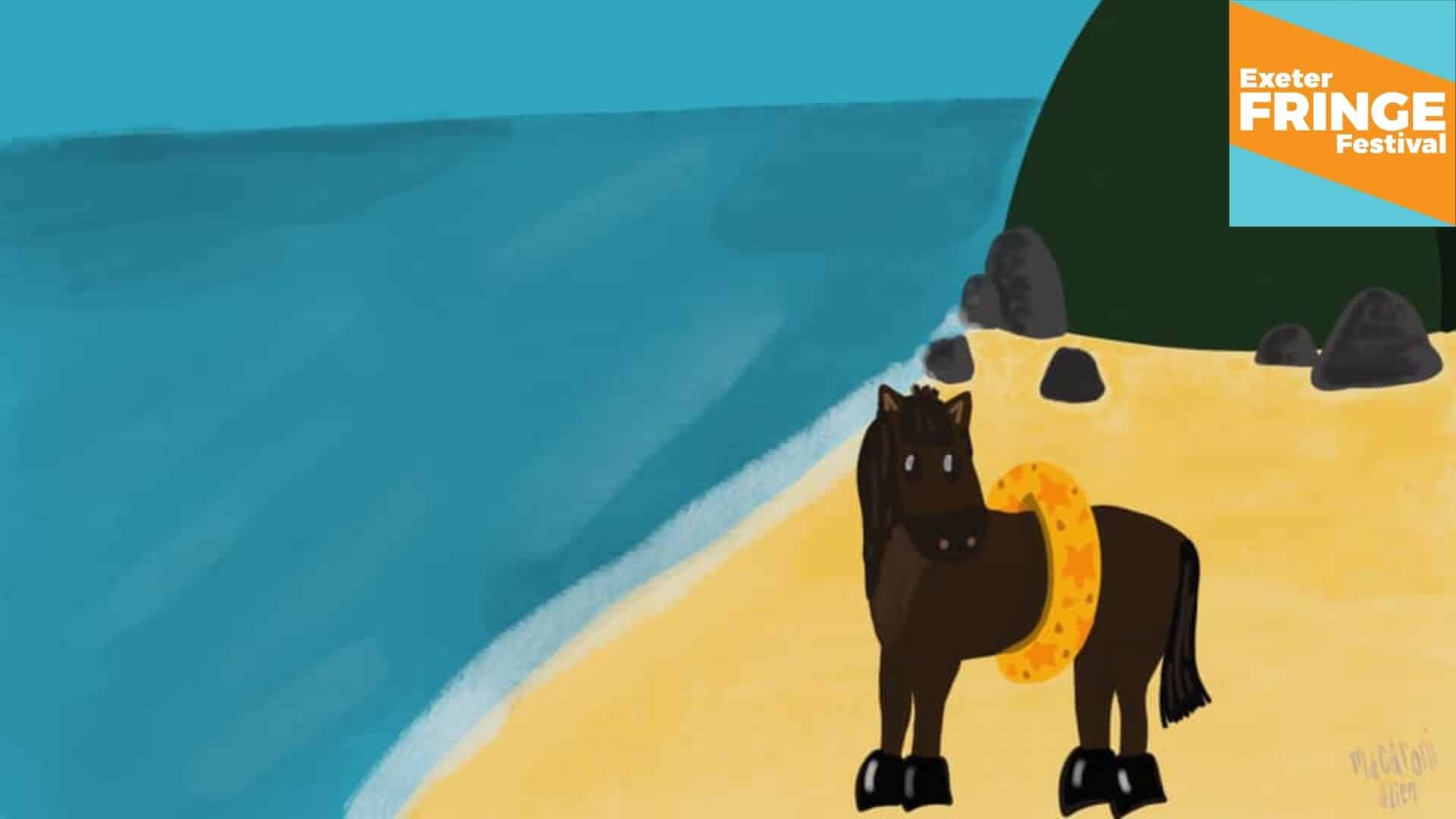 Promotional image for Barney the Horse - a drawing of a coastal scene, with a horse on the beach. He's wearing a swimming band.