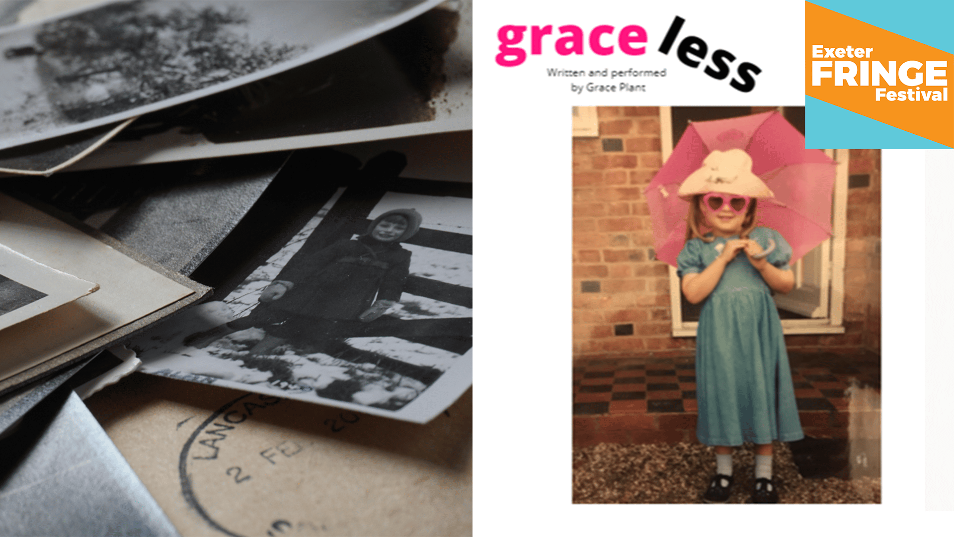 Promotional image for Graceless - old looking photos of a young Grace; a smiling girl with a pink umbrella and pink heart-shaped glasses