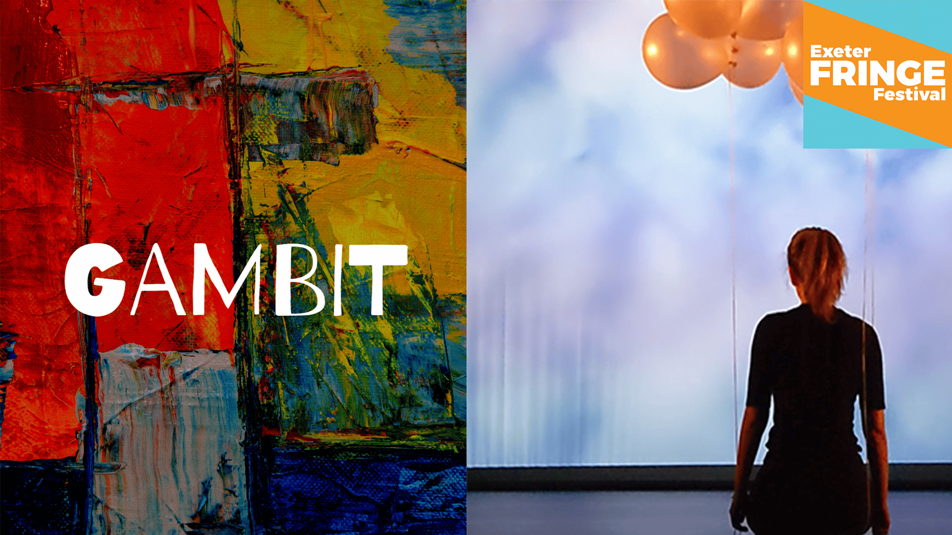 Marketing image for Gambit (textural painting with colourful planes and mixes) and Close Enough (a girl with a ponytail standing in front of clouds, her back to us, orange balloons in her hands)