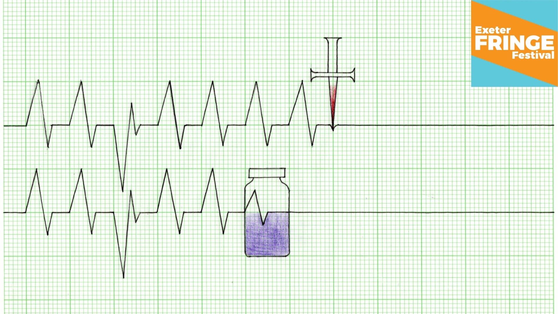 Promotional image for Romeo and Juliet - two ECG graphs beating perfectly in sync, one interrupted by a vial of something purple, the other just after by a bloody dagger