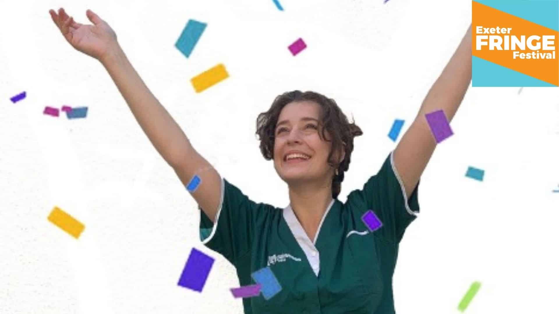 Promotional image for Who Cares Now - featuring a young female health professional throwing colourful confetti up in the air