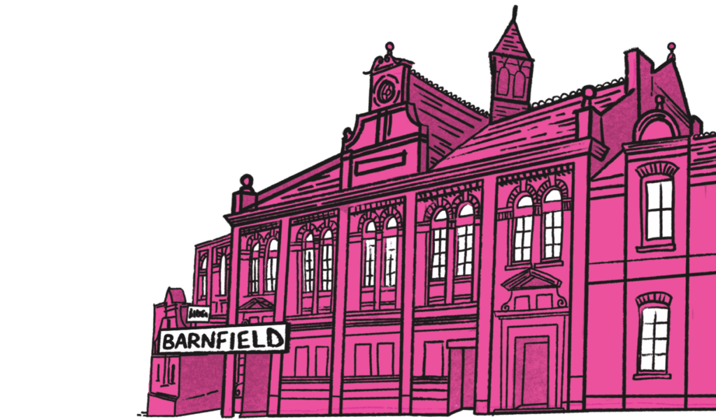 An illustration of the Barnfield theatre building