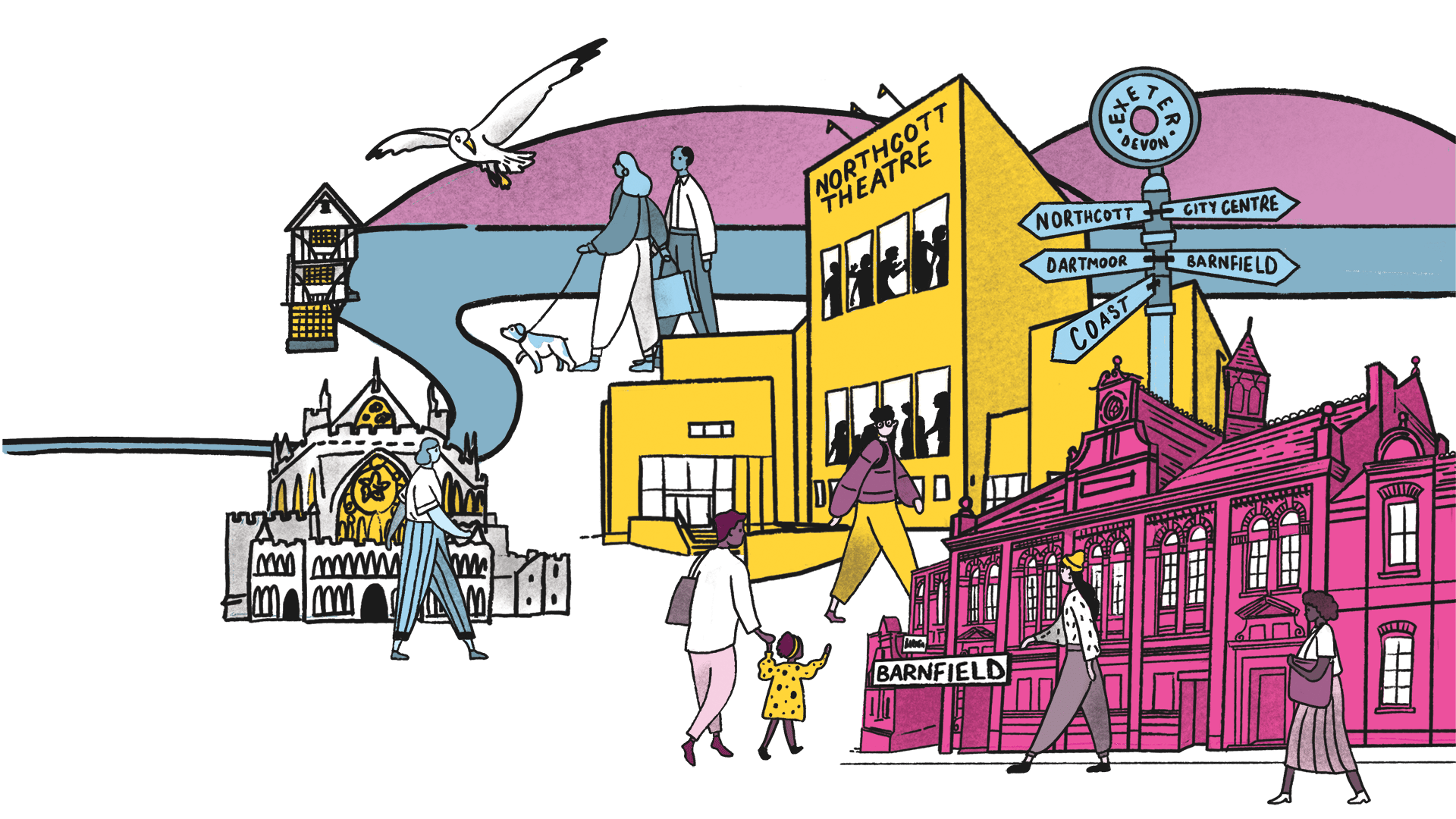 An illustration of Exeter's key landmarks, including Northcott Theatre, Barnfield Theatre, Exeter Cathedral and the house that moved