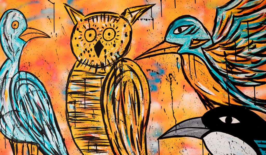 Newcourt Community Festival 2021 detail of a mural by Steve McCracken: colourful birds