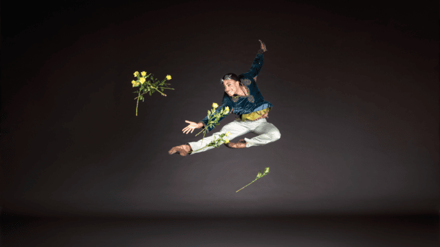 A ballet dancer leaps into the air, throwing flowers around them