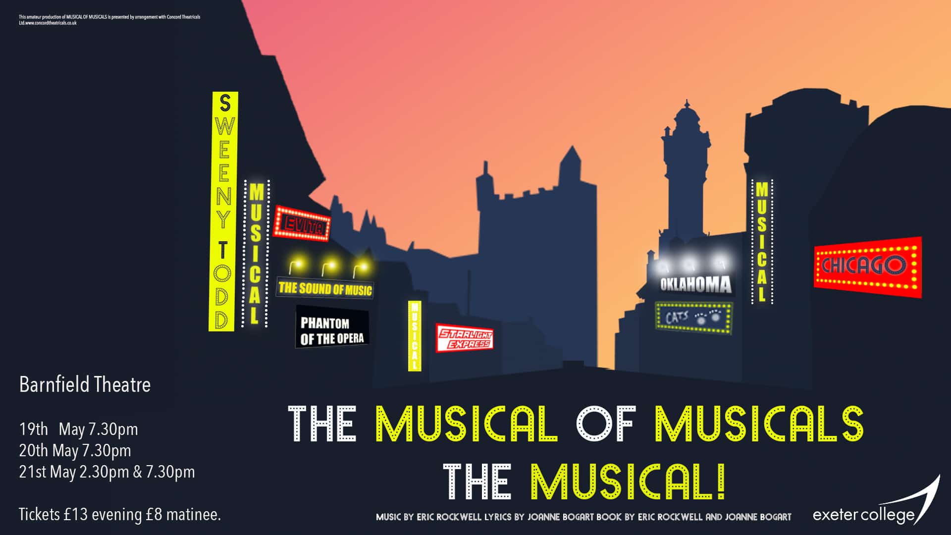 THE MUSICAL OF MUSICALS THE MUSICAL illustration of a city at night, with famous musicals advertised on the buildings in big letters