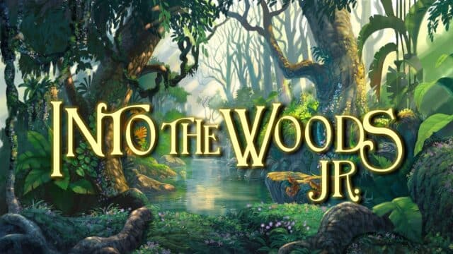 INTO THE WOODS JR - an illustration of a rather twisty, scary type of wood, but light is shining in from the background