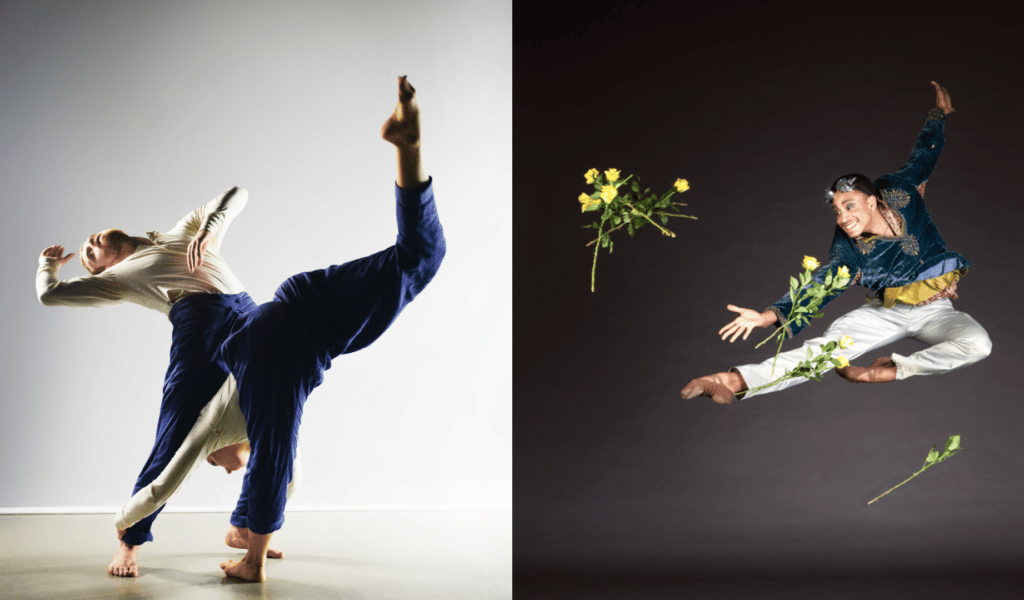 Split image: Left side – one dancer sits upright on the floor, holding another dancer in the air with one arm, Right side – a dancer leaps into the air, throwing flowers around them