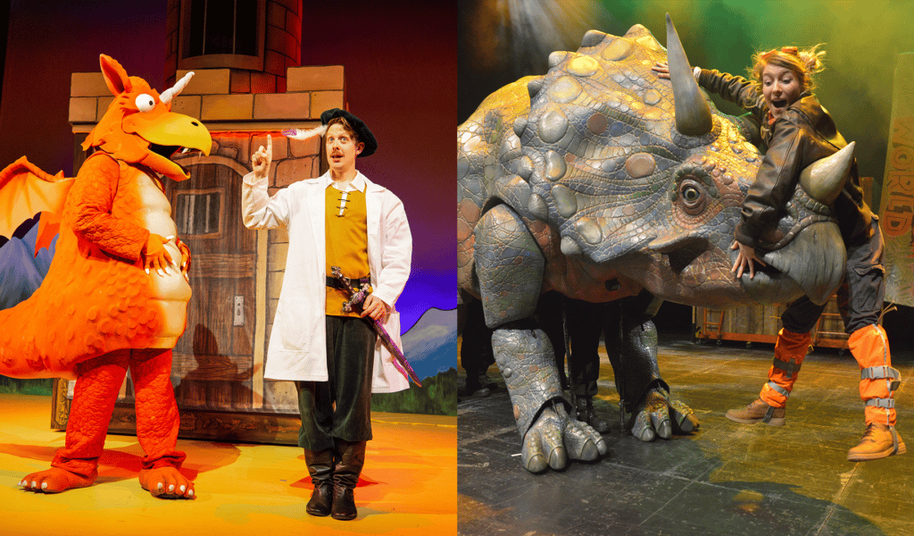 Split image: Left side – Zog the dragon looks confused as a man dressed in medieval clothing raises his finger, Right side – a young girl holds onto to a large dinosaur puppet’s head, which lifts her off the ground