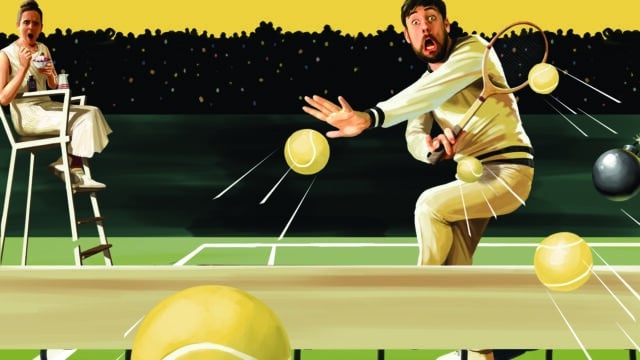 Crimes on Central Court illustration - A man is comically terrified by all the tennis balls flying straight at him at the tennis court