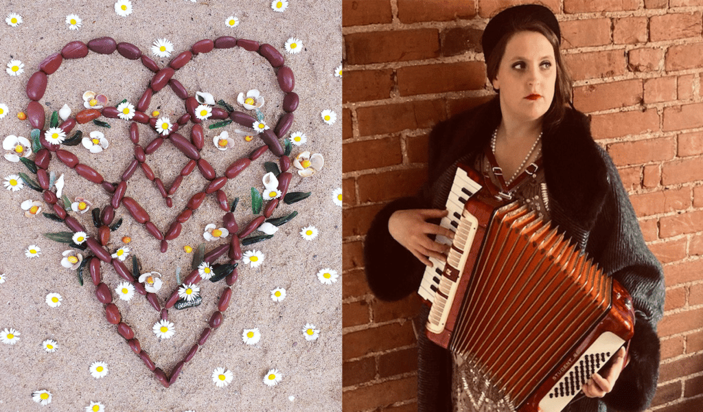 Left/right split image – Left image: stones arranged on a beach in the shape of overlapping hearts. They are covered with daisy flowers. Right image: a woman playing the accordion.