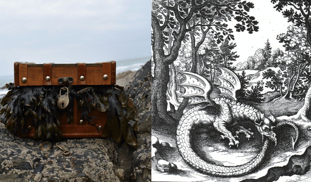 Left/right split image – Left image: an old wooden chest on a beach, with seaweed spilling out from it. Right image: a woodblock print of a dragon in a forest eating its own tail.