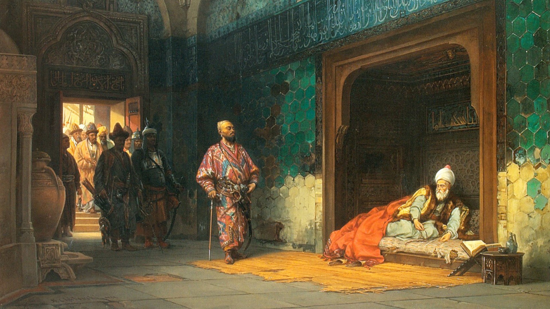 Tamerlano - A painting of a prisoner being brought to stand proudly in a courtyard in front of a reclining man. The courtyard is Islamic in character, and their dress is Ottoman Turkish.
