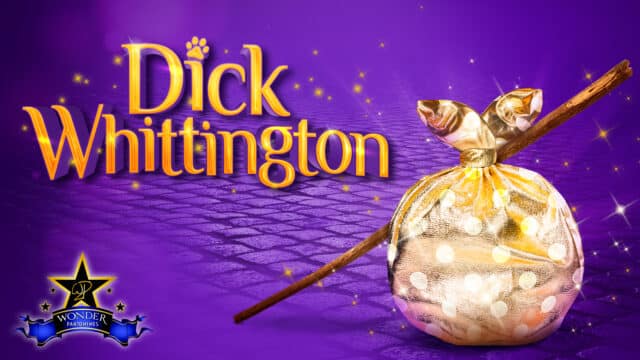 On a purple background, a golden, spotty bindle sits on street cobbles. Gold and silver stars are dotted across the image. The Wonder Pantomimes logo appears in the bottom left corner. Text read: Dick Whittington.