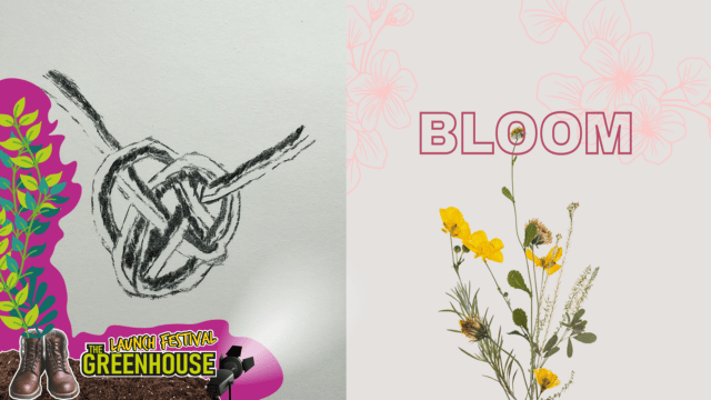 Left/right split image – Left image: a pencil drawing of a knotted rope. Right image: flowers reach up from the bottom of the image. Text reads: ‘Bloom’.