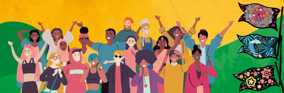 An illustration of a diverse group of joyful people dressed in colourful clothing, many with their arms in the air. The background is yellow, with green hills behind the people and three flags with flowery and kaleidoscopic patterns waving on a pole on the right side.